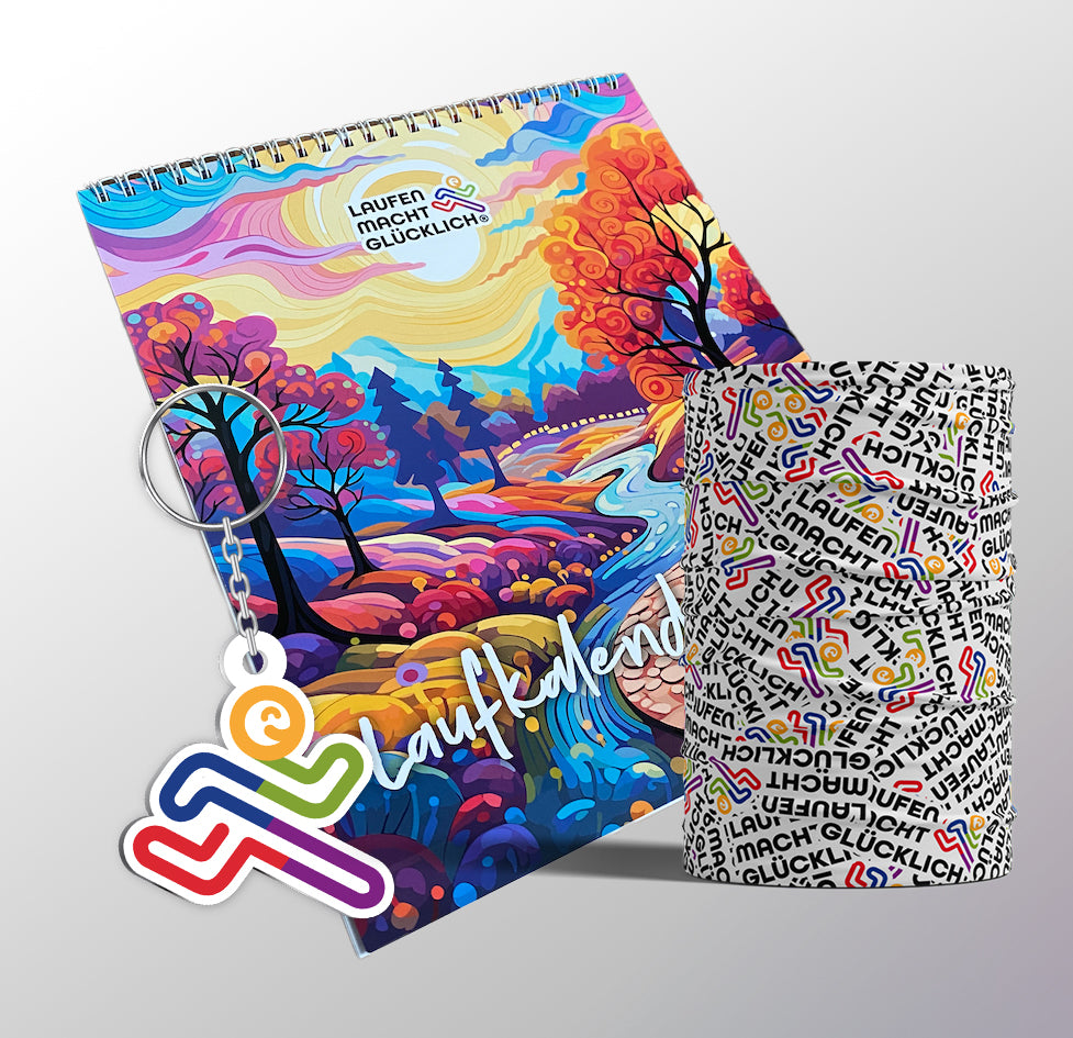 Laufkalender 2024 + Schlüsselanhänger + Multifunktionstuch + Sticker